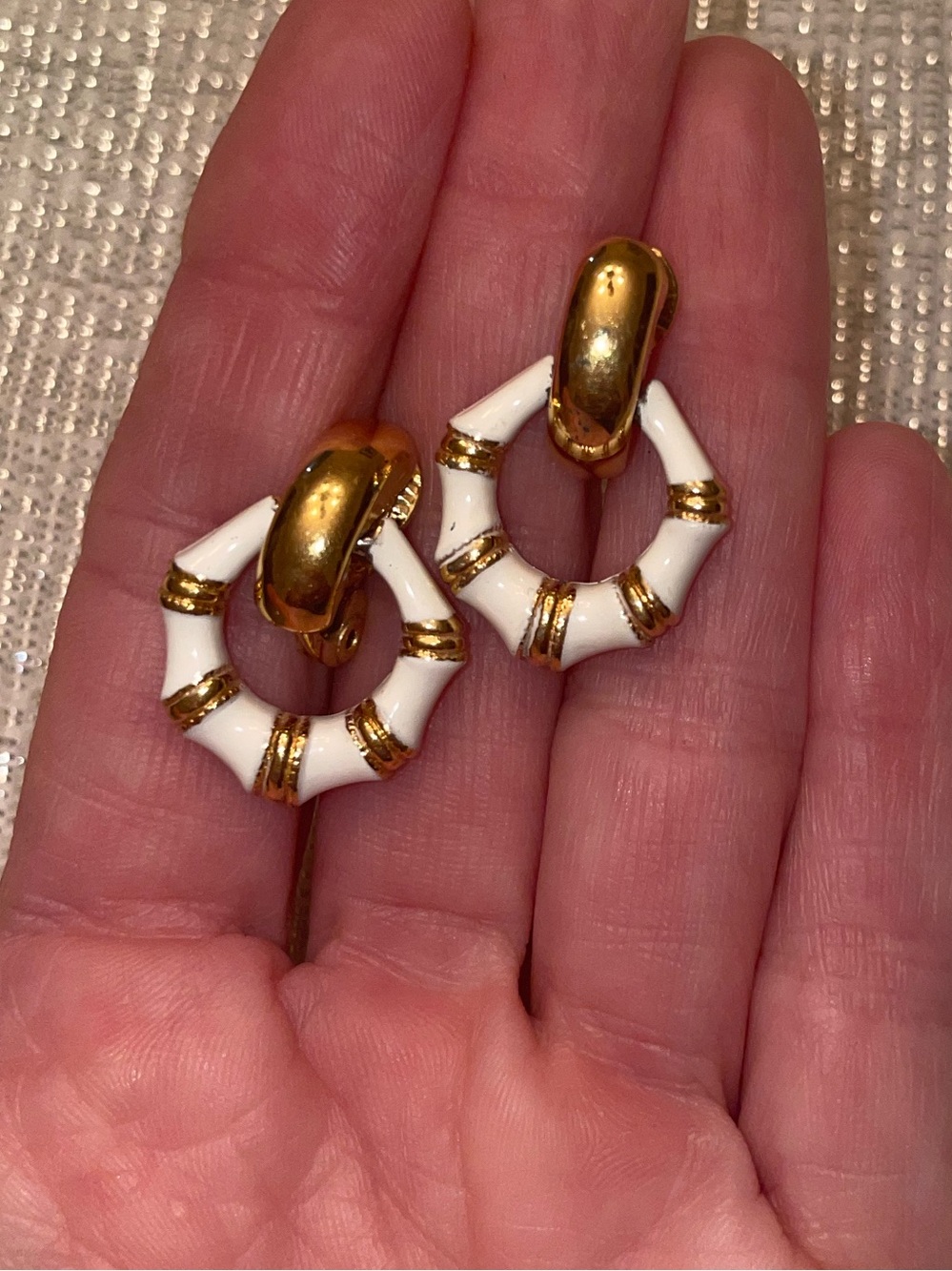 Monet White and Gold Bamboo-Style Hoop Earrings